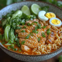 Ramen is not just a dish; it is an experience that brings together the rich traditions of Asian cuisine. Originating from Japan, ramen has evolved into a beloved meal across the globe, celebrated for its comforting qualities and diverse flavors. Whether enjoyed in a cozy restaurant or prepared at home, ramen has a unique ability to warm the soul while tantalizing the taste buds. Among the myriad of ramen variations, the Spicy Asian Chicken Ramen Noodle Bowl stands out as a vibrant and hearty option that combines the perfect balance of protein, fresh vegetables, and a rich, flavorful broth.