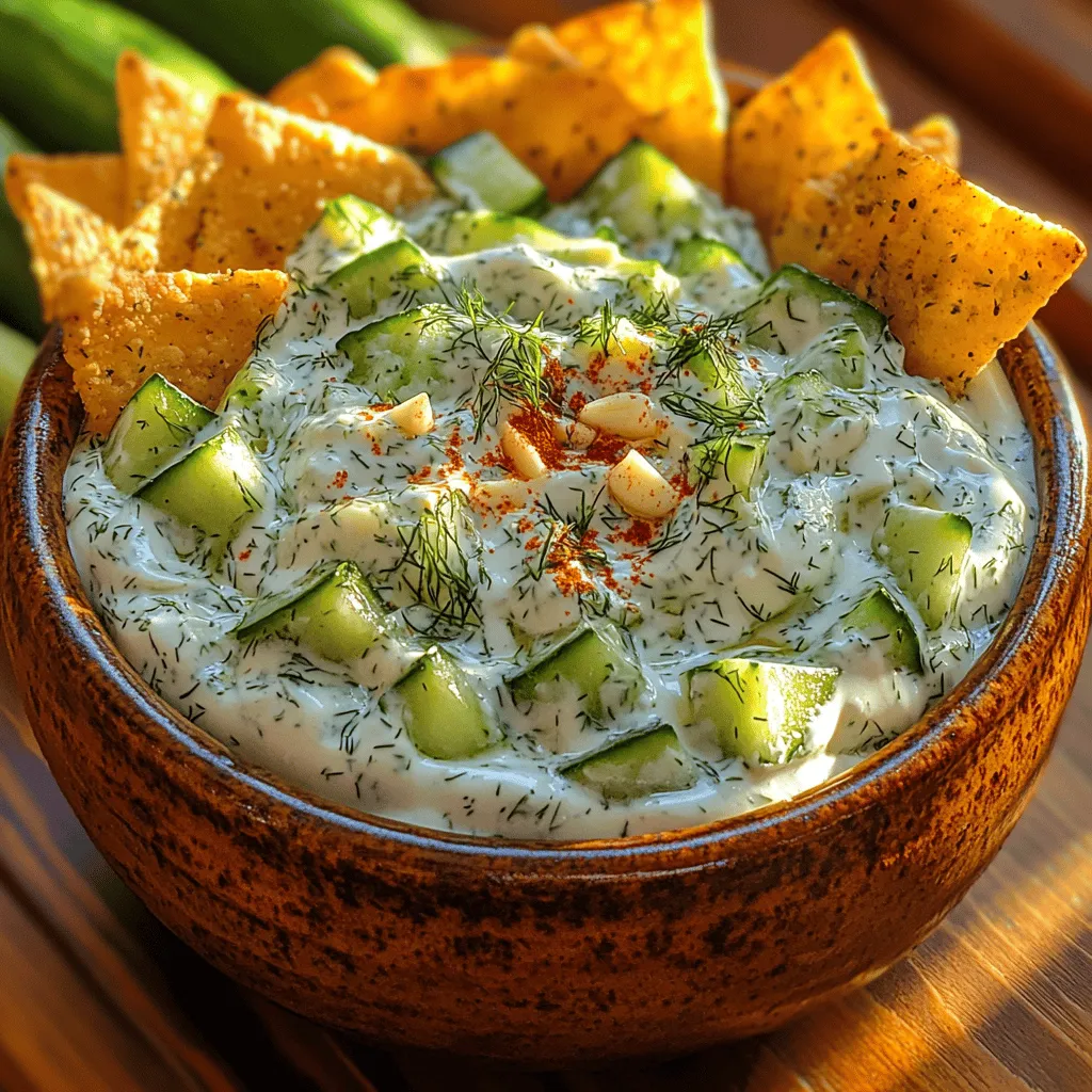 As the warm summer months roll in, the allure of outdoor gatherings and casual entertaining becomes undeniable. Whether it's a backyard barbecue, a picnic at the park, or a simple get-together with friends, dips play a crucial role in elevating the dining experience. They not only serve as tasty accompaniments but also set the tone for a fun and relaxed atmosphere. Among the myriad of options available, a <strong>Refreshing Creamy Cucumber Dill Dip</strong> stands out as a quintessential summer delight.” /></p>
</p>
<p><strong>Chilling the Dip: Why Chilling Improves Flavor and Texture</strong></p>
</p>
<p>Chilling your Creamy Cucumber Dill Dip is an essential step that significantly enhances both its flavor and texture. When the dip is allowed to rest in the refrigerator for at least 30 minutes, the flavors meld beautifully, giving the dish a more cohesive taste. The chill allows the dill and garlic to infuse their aromatic qualities into the creamy base, creating a more robust and satisfying flavor profile. Additionally, chilling the dip improves its texture, making it thicker and creamier, which is perfect for dipping or spreading.</p>
</p>
<p>The cooling period also allows the cucumbers to release some of their moisture, which can help prevent the dip from becoming watery if it sits out for a while. This is particularly beneficial if you plan to serve it at a gathering or for a picnic.</p>
</p>
<p><strong>Serving Suggestions</strong></p>
</p>
<p>This Creamy Cucumber Dill Dip is not just delicious; it’s versatile too! Here are some creative ideas for serving the dip that will impress your guests and elevate your snacking experience.</p>
</p>
<p>1. <strong>Pairing with Fresh Vegetables</strong></p>
<p>Fresh vegetables are the perfect companions for your dip, providing a crunchy contrast to the creamy texture. Some of the best choices include:</p>
<p>– Carrot sticks</p>
<p>– Celery sticks</p>
<p>– Bell pepper strips</p>
<p>– Cherry tomatoes</p>
<p>– Radishes</p>
</p>
<p>You can create an eye-catching vegetable platter arranged in a rainbow pattern, showcasing the vibrant colors of the vegetables. This not only makes for a visually appealing presentation but also encourages healthy snacking!</p>
</p>
<p>2. <strong>Options for Crackers and Pita</strong></p>
<p>Serving your dip with a selection of crackers and pita can enhance the flavor experience. Consider offering:</p>
<p>– Whole grain crackers for a nutty flavor</p>
<p>– Pita chips for a satisfying crunch</p>
<p>– Rice crackers for a gluten-free option</p>
<p>– Crostini or toasted baguette slices for a more sophisticated touch</p>
</p>
<p>Arrange these on a serving platter alongside the dip to make it easy for guests to scoop and enjoy. You might even consider labeling each option, especially if you have guests with dietary restrictions.</p>
</p>
<p>3. <strong>Using as a Spread</strong></p>
<p>The Creamy Cucumber Dill Dip isn’t limited to being a dip; it can also be used as a flavorful spread. Here are a few ideas:</p>
<p>– Spread it on sandwiches or wraps for a refreshing twist.</p>
<p>– Use it as a layer in a veggie-packed pinwheel sandwich.</p>
<p>– Incorporate it into an open-faced sandwich topped with smoked salmon and cucumber slices.</p>
</p>
<p>These options not only add variety to your meals but also make for a great way to elevate ordinary dishes.</p>
</p>
<p>4. <strong>Garnishing Tips</strong></p>
<p>Presentation is key! To visually enhance your Creamy Cucumber Dill Dip, consider garnishing it with:</p>
<p>– Extra fresh dill sprigs for a pop of green</p>
<p>– Thinly sliced cucumber rounds arranged on top</p>
<p>– A drizzle of olive oil for added richness</p>
<p>– A sprinkle of paprika or black pepper for a hint of color</p>
</p>
<p>These simple touches can make your dip look more inviting and delicious, encouraging everyone to dig in!</p>
</p>
<p><strong>Nutritional Information</strong></p>
</p>
<p>Understanding the nutritional profile of your Creamy Cucumber Dill Dip can help you appreciate its health benefits. Here’s an overview of the nutritional content per serving (assuming 2 tablespoons):</p>
</p>
<p>– <strong>Calories</strong>: Approximately 70-80 calories</p>
<p>– <strong>Protein</strong>: 2-3 grams</p>
<p>– <strong>Fats</strong>: 5-6 grams (mostly healthy fats from yogurt)</p>
<p>– <strong>Carbohydrates</strong>: 5-6 grams</p>
<p>– <strong>Vitamins and Minerals</strong>:</p>
<p>– Vitamin A (from the fresh vegetables)</p>
<p>– Vitamin C (especially from cucumbers and peppers)</p>
<p>– Calcium (from Greek yogurt)</p>
<p>– Potassium (from cucumbers)</p>
</p>
<p>When compared to store-bought dips, this homemade version not only offers significantly fewer preservatives and additives but also allows for customization to your dietary needs. Many store-bought dips can be high in sodium and unhealthy fats, while this dip provides a fresh, wholesome alternative that you can feel good about serving.</p>
</p>
<p><strong>Variations and Adaptations</strong></p>
</p>
<p>One of the best aspects of the Creamy Cucumber Dill Dip is its adaptability. Here are some suggestions for customizing the dip based on your dietary preferences:</p>
</p>
<p>1. <strong>Vegan Alternatives</strong></p>
<p>If you prefer a vegan option, you can easily substitute Greek yogurt and sour cream with:</p>
<p>– Unsweetened coconut yogurt</p>
<p>– Cashew cream (made by blending soaked cashews with water until smooth)</p>
<p>– Silken tofu blended until creamy</p>
</p>
<p>These alternatives will maintain the creamy texture while accommodating a plant-based diet.</p>
</p>
<p>2. <strong>Add-ins</strong></p>
<p>To enhance the flavor profile of your dip, consider incorporating other herbs and spices:</p>
<p>– Fresh mint for a refreshing twist</p>
<p>– Chopped chives for a mild onion flavor</p>
<p>– A splash of lemon juice for acidity</p>
<p>– A pinch of cayenne pepper for a bit of heat</p>
</p>
<p>These add-ins can personalize the dip to your taste preferences and keep it exciting.</p>
</p>
<p>3. <strong>Flavor Variations</strong></p>
<p>Think outside the box by incorporating additional ingredients such as:</p>
<p>– Mashed avocado for a creamy, healthy fat boost</p>
<p>– Roasted red peppers for a smoky flavor</p>
<p>– Sun-dried tomatoes for a tangy sweetness</p>
</p>
<p>Each of these variations brings a unique twist to the classic recipe, perfect for serving at different occasions.</p>
</p>
<p><strong>Conclusion</strong></p>
</p>
<p>The Creamy Cucumber Dill Dip is a refreshing and healthful addition to any gathering or a simple snack at home. Its delightful combination of flavors and textures makes it a versatile dish that can enhance a wide range of meals or appetizers. The health benefits of using fresh ingredients and controlling the flavor profile are clear, making this dip a fantastic choice over store-bought alternatives.</p>
</p>
<p>We encourage you to try making this dip at home, whether it’s for a summer barbecue, a cozy movie night, or a picnic in the park. Not only will you enjoy the satisfaction of creating something delicious from scratch, but you will also impress your family and friends with your culinary skills. Homemade dips, like this Creamy Cucumber Dill Dip, bring a personal touch to your meals and snacks, allowing you to share your love for food in the most delightful way. So gather your ingredients, chill that dip, and enjoy the fresh, creamy goodness that is sure to be a hit!</p>
</div>