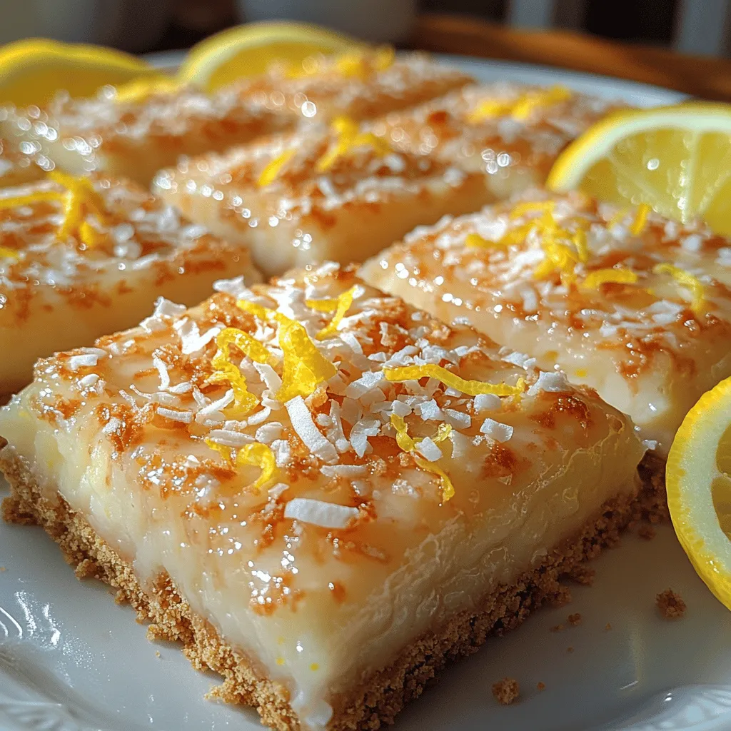 - <strong>Graham Cracker Crumbs</strong>: An essential base for many desserts, graham cracker crumbs provide a sweet and crunchy foundation. They not only add flavor but also serve as a perfect textural contrast to the creamy filling of the squares. For a gluten-free option, consider using gluten-free graham crackers.” /></p>
</p>
<h3>Pressing the Mixture into the Pan</h3>
</p>
<p>To begin the assembly of your Coconut Lemon Bliss Squares, the first step is essential: preparing the crust. Start by lining an 8×8-inch baking dish with parchment paper, allowing for easy removal of the squares once they’ve set. This simple step ensures that your squares won’t stick to the pan, making it much easier to lift them out later.</p>
</p>
<p>Once your pan is lined, take the prepared crumb mixture and evenly press it into the bottom of the dish. Use the back of a measuring cup or your fingers to firmly pack down the mixture. It’s crucial to create a sturdy base; this will provide the perfect support for the creamy lemon filling that will sit on top. Make sure the crust is smooth and even, as this will help the layers adhere and contribute to the overall texture of your dessert.</p>
</p>
<h3>Creating the Lemon Filling</h3>
</p>
<p>Now that you have a solid crust, it’s time to create the luscious lemon filling that makes these squares truly irresistible. In a separate mixing bowl, combine 1 cup of sweetened condensed milk with the freshly squeezed juice of 2 large lemons, the zest of those same lemons, and a pinch of sea salt. Using a whisk, mix these ingredients together until the mixture is smooth and well-blended.</p>
</p>
<p>The sweetened condensed milk brings a rich creaminess to the filling, while the lemon juice and zest provide that zesty brightness that pairs beautifully with the coconut crust. This combination is what transforms your squares from a mere dessert into a delightful experience. The filling should have a silky consistency, so ensure there are no lumps from the zest or any undissolved ingredients.</p>
</p>
<h3>Combining Layers</h3>
</p>
<p>With your crust firmly pressed into the baking dish and the lemon filling prepared, it’s time to bring the layers together. Carefully pour the lemon filling over the crust, and use a spatula to spread it evenly across the surface. This step is vital for ensuring that every bite of your Coconut Lemon Bliss Squares has the perfect balance of crust and filling.</p>
</p>
<p>Once spread evenly, the filling should cover the crust entirely, allowing the flavors to meld beautifully during the chilling process. Take a moment to admire the vibrant yellow color of the filling against the white crust; this contrast not only looks appealing but also hints at the delicious flavors to come.</p>
</p>
<h3>Chilling to Set</h3>
</p>
<p>After combining the layers, it’s essential to allow the squares to chill properly. Cover the dish with plastic wrap or a lid, and place it in the refrigerator for at least four hours. Chilling is crucial for setting the filling, as it allows the sweetened condensed milk to firm up, creating that perfect texture that makes these squares so enjoyable to eat.</p>
</p>
<p>During this time, the flavors will also deepen and meld together, resulting in a more cohesive taste experience. If you’re planning to serve these Coconut Lemon Bliss Squares at a special event, consider making them the day before. An overnight chill can enhance the flavors even further, ensuring that your dessert is a hit with everyone.</p>
</p>
<h3>Serving the Coconut Lemon Bliss Squares</h3>
</p>
<p>Once the squares have set, it’s time for the best part: serving! Begin by lifting the squares out of the baking dish using the overhanging parchment paper. Place them on a cutting board and use a sharp knife to cut them into even squares. The size can vary based on your preference, but aiming for 16 squares gives a nice portion size.</p>
</p>
<p>For an extra touch of elegance, consider garnishing the squares with additional shredded coconut or a sprinkle of lemon zest. This not only enhances the presentation but also adds a delightful texture that complements the creamy filling. Whether you’re serving these at a summer gathering or simply enjoying them at home, the presentation is sure to impress.</p>
</p>
<h3>Nutritional Benefits</h3>
</p>
<h4>Healthier Dessert Option</h4>
</p>
<p>Coconut Lemon Bliss Squares are not only delicious but also a healthier dessert alternative compared to many traditional sweets. By utilizing natural sweeteners like sweetened condensed milk and fresh lemon juice, these squares provide a satisfying treat without excessive refined sugars. The use of wholesome ingredients means you can enjoy these squares guilt-free, making them a perfect addition to your dessert repertoire.</p>
</p>
<h4>Benefits of Coconut</h4>
</p>
<p>Coconut, one of the star ingredients in this recipe, is known for its potential health benefits. It contains medium-chain triglycerides (MCTs), which are healthy fats that can support heart health and boost energy levels. Additionally, coconut is rich in dietary fiber, which can aid digestion and promote a feeling of fullness. By incorporating coconut into your diet, you’re not only indulging in a tasty treat but also nourishing your body.</p>
</p>
<h4>Lemon’s Nutritional Value</h4>
</p>
<p>Lemons are another powerhouse ingredient in this recipe. Rich in vitamin C, lemons play a vital role in boosting the immune system and promoting healthy skin. Vitamin C is known for its antioxidant properties, helping to protect the body from free radicals. Furthermore, lemons contain various plant compounds that may contribute to overall health, including flavonoids and limonoids. By enjoying Coconut Lemon Bliss Squares, you are not only satisfying your sweet tooth but also reaping some nutritional benefits.</p>
</p>
<h3>Storage Tips</h3>
</p>
<h4>Proper Storage Methods</h4>
</p>
<p>To keep your Coconut Lemon Bliss Squares fresh and delicious, proper storage is essential. After cutting the squares, place them in an airtight container and store them in the refrigerator. When stored correctly, these treats can last up to a week, making them a convenient make-ahead dessert for any occasion. Just be sure to separate layers with parchment paper to prevent sticking.</p>
</p>
<h4>Freezing for Later</h4>
</p>
<p>If you want to enjoy these delightful squares later, consider freezing them. To do this, wrap each square tightly in plastic wrap, ensuring no air gets in. Then place the wrapped squares in a freezer-safe container or a resealable freezer bag. When properly stored, they can be enjoyed for up to a month in the freezer. To enjoy, simply thaw in the refrigerator overnight or at room temperature for a couple of hours before serving.</p>
</p>
<h3>Conclusion</h3>
</p>
<p>Coconut Lemon Bliss Squares are a delightful dessert that encapsulates the flavors of summer in every bite. With their creamy lemon filling and crunchy coconut crust, they offer a perfect balance of sweetness and zest. This recipe is not only easy to follow but also allows for creativity with optional toppings. Whether served at a dinner party, a picnic, or enjoyed as a simple snack, these squares are sure to impress and satisfy any sweet tooth.</p>
</p>
<p>Experience the blissful combination of coconut and lemon with every bite of these squares. The refreshing flavors, combined with the nutritional benefits of coconut and lemon, make this treat not just indulgent but also a smart choice for a dessert. So gather your ingredients, follow the steps, and indulge in the delightful experience of making and sharing Coconut Lemon Bliss Squares. Enjoy the journey of creating these delicious treats and the joy they bring to your table!</p>
</div>