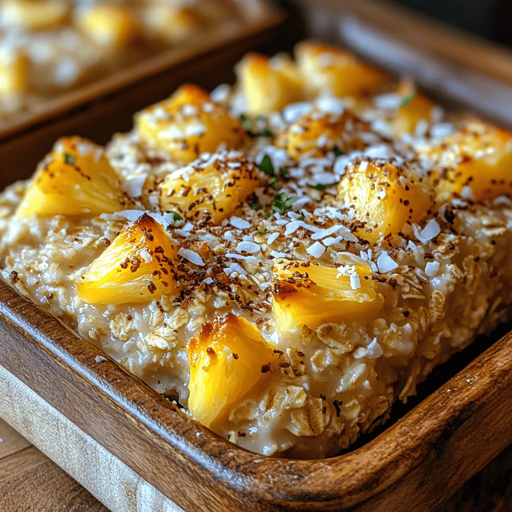 At the heart of our Tropical Paradise Baked Oatmeal are rolled oats. These whole grains are not only a breakfast staple but also a powerhouse of nutrition. Rolled oats are steamed and then flattened, allowing them to cook quickly while retaining their chewy texture. They are a rich source of dietary fiber, providing about 4 grams per serving, which is essential for digestive health and helps keep you feeling full longer.
