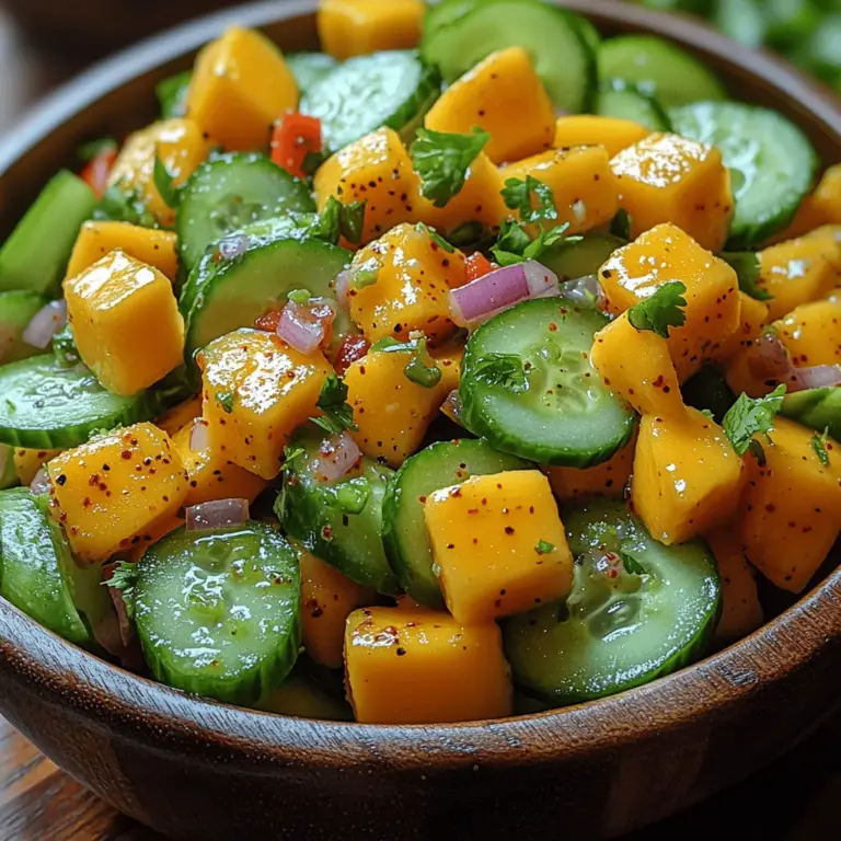 Looking for a dish that is both refreshing and packed with flavor? The Spicy Cucumber Mango Salad is here to tantalize your taste buds! This vibrant salad combines the crispness of cucumbers with the luscious sweetness of ripe mangoes, all elevated by the kick of jalapeño and the herbal freshness of cilantro. The result is a delightful balance of flavors that makes this salad a perfect accompaniment for barbecues, picnics, or a light meal on a warm day.