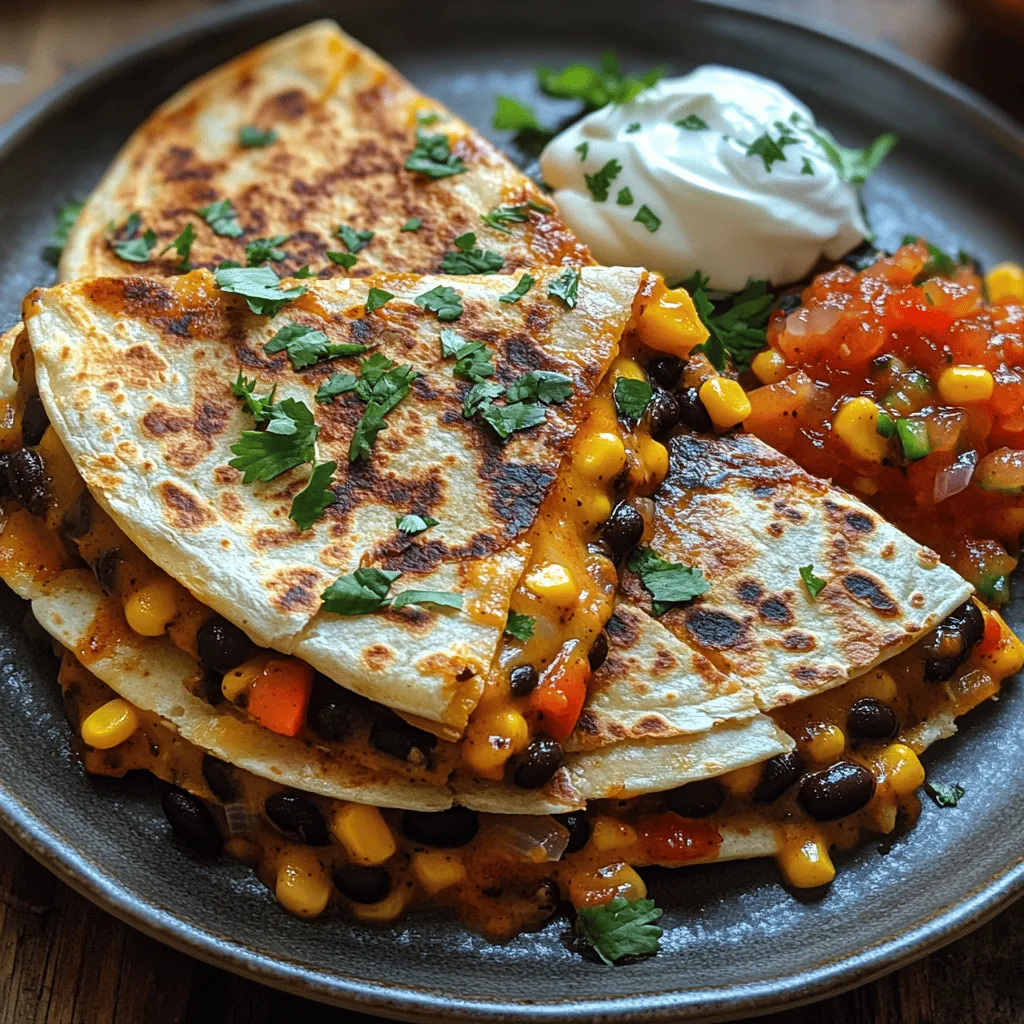 In recent years, vegetarian cuisine has blossomed into a vibrant and exciting world filled with flavors, colors, and textures that can satisfy even the most discerning palates. Among the stars of this culinary movement are quesadillas, a traditional Mexican dish that has been embraced and adapted by home cooks everywhere. Today, we dive into a delightful recipe for <strong>Spicy Black Bean & Corn Quesadillas</strong>, a dish that marries the earthy richness of black beans with the sweetness of corn, all expertly seasoned and enveloped in a crispy tortilla.” /></p>
</p>
<h3>Veggie Add-ins: Incorporating Additional Vegetables for Extra Nutrition</h3>
</p>
<p>To elevate your Spicy Black Bean & Corn Quesadillas, consider adding a variety of vegetables. Not only do they enhance the flavor and texture, but they also boost the nutritional content of the dish. Here are a few excellent options:</p>
</p>
<p>– <strong>Bell Peppers</strong>: Diced bell peppers—red, yellow, or green—add sweetness and vibrant color. They are also rich in vitamins A and C, making them a great addition.</p>
</p>
<p>– <strong>Spinach or Kale</strong>: A handful of fresh spinach or kale can be sautéed with the other ingredients. These leafy greens are packed with iron and other essential nutrients.</p>
</p>
<p>– <strong>Zucchini</strong>: Finely chopped or grated zucchini can add moisture and bulk without overpowering the other flavors. It’s low in calories and high in fiber.</p>
</p>
<p>– <strong>Mushrooms</strong>: Sautéed mushrooms lend an earthy flavor and meaty texture, making your quesadillas even more satisfying. They are also a good source of antioxidants.</p>
</p>
<p>– <strong>Onions</strong>: Sautéing onions until they are caramelized adds a sweet depth of flavor. They can be yellow, red, or even green onions for an extra kick.</p>
</p>
<p>Incorporating these veggies not only enhances the flavor profile but also makes the quesadillas more filling and nutritious, appealing to both health-conscious eaters and those simply looking to enjoy a delicious meal.</p>
</p>
<h3>Spice Level Adjustments: Adjusting Heat with Jalapeños or Hot Sauce</h3>
</p>
<p>If you prefer a spicy kick in your quesadillas, there are several ways to adjust the heat level:</p>
</p>
<p>– <strong>Jalapeños</strong>: Fresh jalapeños are a popular choice. Dice them finely and mix them in with the black beans and corn. For a milder heat, remove the seeds and white membranes before adding.</p>
</p>
<p>– <strong>Chipotle Peppers in Adobo</strong>: For a smoky flavor, consider mixing in chopped chipotle peppers. They add a different dimension of heat and depth.</p>
</p>
<p>– <strong>Hot Sauce</strong>: A few dashes of your favorite hot sauce can easily elevate the spice level. Options like sriracha, habanero sauce, or a classic red hot sauce can be drizzled inside or served on the side.</p>
</p>
<p>– <strong>Cayenne Pepper</strong>: If you like to control the heat precisely, sprinkle a little cayenne pepper into the filling mixture. Start with a small amount, as it can quickly increase the spiciness.</p>
</p>
<p>These adjustments allow you to customize the quesadillas based on personal taste preferences, ensuring that everyone at the table can enjoy a level of heat that suits them.</p>
</p>
<h3>Serving Suggestions: Enhancing Your Quesadilla Experience</h3>
</p>
<p>Once your Spicy Black Bean & Corn Quesadillas are perfectly cooked, it’s time to think about how to serve them for the ultimate dining experience.</p>
</p>
<h4>Garnishes: The Role of Fresh Cilantro and Other Toppings</h4>
</p>
<p>Garnishing your quesadillas can make a significant difference in presentation and flavor. Here are some excellent garnish ideas:</p>
</p>
<p>– <strong>Fresh Cilantro</strong>: Chopped fresh cilantro adds a burst of freshness that complements the spicy flavors beautifully. It’s a classic topping for Mexican dishes.</p>
</p>
<p>– <strong>Sour Cream or Greek Yogurt</strong>: A dollop of sour cream or Greek yogurt provides a creamy contrast to the spiciness of the quesadillas.</p>
</p>
<p>– <strong>Avocado or Guacamole</strong>: Slices of avocado or a scoop of guacamole offer a rich and creamy texture that balances the dish.</p>
</p>
<p>– <strong>Lime Wedges</strong>: Squeezing fresh lime juice over the quesadillas just before serving brightens the flavors and adds a zesty kick.</p>
</p>
<p>– <strong>Shredded Cheese</strong>: While your quesadillas are already cheesy, a sprinkle of crumbled queso fresco or cotija cheese on top can enhance the flavor profile.</p>
</p>
<h4>Side Dishes: Complementary Items to Serve Alongside Quesadillas</h4>
</p>
<p>To create a well-rounded meal, consider pairing your quesadillas with some tasty side dishes:</p>
</p>
<p>– <strong>Mexican Rice</strong>: A side of Mexican rice, flavored with spices and tomatoes, pairs perfectly with quesadillas.</p>
</p>
<p>– <strong>Refried Beans</strong>: Creamy refried beans can be served on the side for a hearty complement to the quesadillas.</p>
</p>
<p>– <strong>Salad</strong>: A fresh salad with mixed greens, tomatoes, and a light dressing can balance the richness of the quesadillas.</p>
</p>
<p>– <strong>Corn on the Cob</strong>: Grilled or boiled corn on the cob, brushed with lime and chili powder, adds a vibrant side that echoes the flavors in the quesadillas.</p>
</p>
<h4>Dipping Sauces: Exploring the Best Salsas and Dips</h4>
</p>
<p>No quesadilla experience is complete without delicious dips. Here are some fantastic options:</p>
</p>
<p>– <strong>Pico de Gallo</strong>: A fresh salsa made with diced tomatoes, onions, cilantro, and lime juice provides a refreshing contrast to the warm quesadillas.</p>
</p>
<p>– <strong>Salsa Verde</strong>: This green salsa made from tomatillos offers a tangy flavor that works wonderfully with the quesadillas.</p>
</p>
<p>– <strong>Chipotle Sauce</strong>: A smoky chipotle sauce can be a great dip choice, adding a spicy and creamy element.</p>
</p>
<p>– <strong>Guacamole</strong>: As mentioned, guacamole is not just a garnish but also a delightful dip for your quesadillas.</p>
</p>
<p>These serving suggestions can elevate your meal, making it a delightful experience for everyone.</p>
</p>
<h3>Nutritional Benefits of the Ingredients: A Closer Look at the Health Aspects of Quesadillas</h3>
</p>
<p>Spicy Black Bean & Corn Quesadillas are not just delicious; they also offer a variety of health benefits thanks to their wholesome ingredients.</p>
</p>
<h4>Protein-Packed Meal: Benefits of Black Beans as a Plant-Based Protein Source</h4>
</p>
<p>Black beans are a cornerstone of this recipe and are an excellent source of plant-based protein. Here’s why they are beneficial:</p>
</p>
<p>– <strong>High in Protein</strong>: One cup of black beans contains approximately 15 grams of protein, making them a superb option for those looking to increase their protein intake without meat.</p>
</p>
<p>– <strong>Fiber-Rich</strong>: Black beans are also high in dietary fiber, which aids in digestion and can help you feel full longer.</p>
</p>
<p>– <strong>Nutrient-Rich</strong>: They are packed with essential nutrients such as iron, magnesium, and folate, contributing to overall health.</p>
</p>
<h4>Vitamins and Minerals: Nutritional Profile of the Main Ingredients</h4>
</p>
<p>In addition to black beans, the other ingredients in this quesadilla contribute various vitamins and minerals:</p>
</p>
<p>– <strong>Corn</strong>: Provides carbohydrates for energy and is a good source of fiber, vitamins B and C, and antioxidants.</p>
</p>
<p>– <strong>Cheese</strong>: Offers calcium and protein, essential for bone health.</p>
</p>
<p>– <strong>Vegetables</strong>: Any additional vegetables you incorporate can boost the vitamin content, providing a range of nutrients, including vitamins A, C, and K.</p>
</p>
<h4>Balanced Meal: How This Dish Fits into a Healthy Diet</h4>
</p>
<p>When assembled thoughtfully, Spicy Black Bean & Corn Quesadillas can fit into a balanced diet:</p>
</p>
<p>– <strong>Whole Grains</strong>: Using whole wheat tortillas can increase the fiber content and provide more nutrients than regular tortillas.</p>
</p>
<p>– <strong>Healthy Fats</strong>: Adding avocado or olive oil during cooking can introduce healthy fats, which are essential for nutrient absorption.</p>
</p>
<p>– <strong>Portion Control</strong>: These quesadillas can be easily portioned, allowing for controlled servings that align with dietary goals.</p>
</p>
<p>By focusing on fresh, wholesome ingredients, these quesadillas not only satisfy your taste buds but also support your health.</p>
</p>
<h3>Perfecting Your Quesadilla Technique: Expert Tips for Making Quesadillas Like a Pro</h3>
</p>
<p>To ensure your Spicy Black Bean & Corn Quesadillas turn out perfectly every time, consider the following expert techniques.</p>
</p>
<h4>Tips for Crispy Tortillas: Techniques for Achieving the Ideal Texture</h4>
</p>
<p>The texture of your quesadilla is crucial for an enjoyable eating experience. Here are some tips to achieve that perfect crunch:</p>
</p>
<p>– <strong>Preheat Your Pan</strong>: Start with a hot skillet to help create a crispy exterior. A medium-high heat is ideal for achieving that golden brown crust.</p>
</p>
<p>– <strong>Use Enough Oil</strong>: Lightly coat the skillet with oil. A combination of butter and olive oil can add flavor and help crisp the tortillas.</p>
</p>
<p>– <strong>Don’t Overfill</strong>: While it’s tempting to pack in the filling, too much can make it difficult for the tortilla to crisp up. A generous but moderate amount is key.</p>
</p>
<h4>Avoiding Common Mistakes: What to Watch Out for During Preparation</h4>
</p>
<p>Even the best recipes can falter if not executed carefully. Here are common mistakes to avoid:</p>
</p>
<p>– <strong>Undercooking or Overcooking</strong>: Keep an eye on the cooking time. Quesadillas should be cooked until the cheese is melted and the tortillas are golden brown, generally around 3-4 minutes per side.</p>
</p>
<p>– <strong>Not Pressing Down</strong>: Use a spatula to press down on the quesadilla while it cooks. This ensures even contact with the pan, promoting better browning and melting.</p>
</p>
<p>– <strong>Assembling Too Early</strong>: If you prepare the filling in advance, let it cool slightly before assembling. Hot filling can make the tortilla soggy.</p>
</p>
<h4>Storing and Reheating: Best Practices for Leftovers</h4>
</p>
<p>If you have leftovers, storing and reheating them properly will keep them tasting great:</p>
</p>
<p>– <strong>Storage</strong>: Place cooled quesadillas in an airtight container in the refrigerator for up to 3 days.</p>
</p>
<p>– <strong>Reheating</strong>: For the best results, reheat quesadillas in a skillet over medium heat until warm and crispy. Alternatively, you can use an oven set to 350°F (175°C) for about 10-15 minutes.</p>
</p>
<p>By following these tips, you can master the art of making quesadillas and enjoy them at their best.</p>
</p>
<h3>Conclusion</h3>
</p>
<p>In summary, Spicy Black Bean & Corn Quesadillas offer a delightful and nutritious option for anyone looking to enjoy a quick meal without sacrificing flavor. With their simple preparation and customizable ingredients, these quesadillas can easily become a staple in your culinary repertoire. Whether for a casual family dinner or a quick lunch, this recipe embodies the essence of comfort food while maintaining a healthy profile. Enjoy the rich flavors and satisfying textures of this dish, and feel free to get creative with your own variations!</p>
</div>