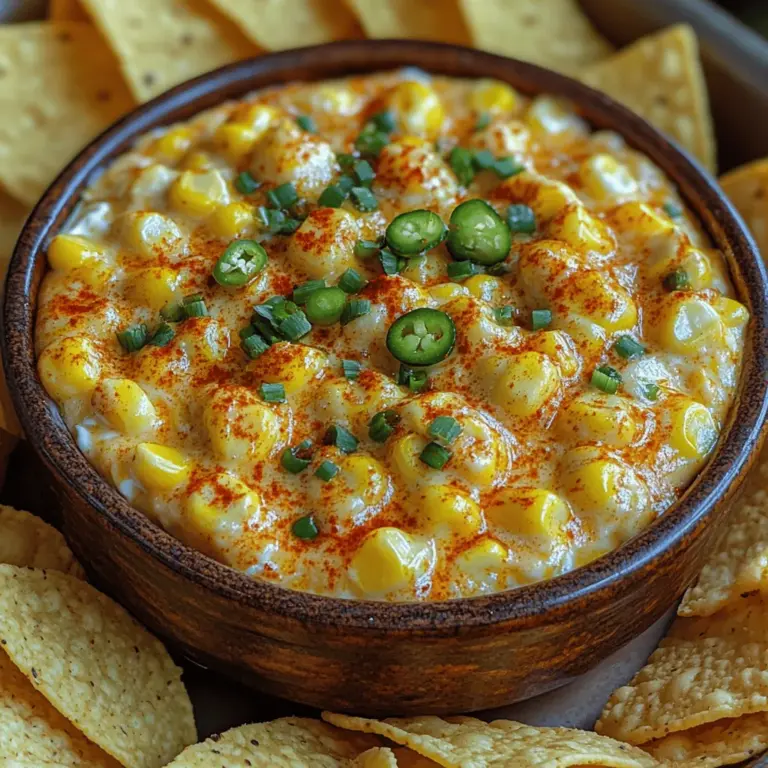 The Spicy Creamy Jalapeño Corn Dip is not just a dip; it's a celebration of flavors that transforms any gathering into a festive occasion. This delightful concoction harmonizes the sweetness of corn with the spicy kick of fresh jalapeños, creating an irresistible blend that's perfect for parties, game days, or even a cozy night in. The creamy texture and zesty profile make it a versatile addition to a variety of occasions, whether you’re serving it with crispy tortilla chips, fresh vegetable sticks, or as a topping for grilled meats.