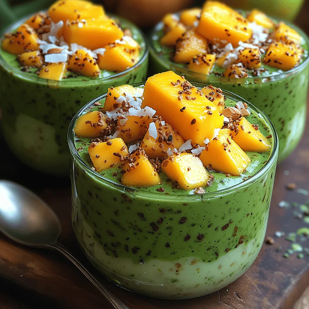 <strong>Introduction</strong>” /></p>
</p>
<h2>Importance of Letting the Mixture Sit</h2>
</p>
<p>Once you have combined all the ingredients for your Silky Coconut Matcha Pudding, it is crucial to let the mixture sit for a while before serving. This resting period allows the chia seeds to absorb the liquid effectively and expand, transforming the mixture from a watery blend into a creamy pudding. Chia seeds are remarkable because they can absorb up to ten times their weight in liquid. This unique property not only thickens the pudding but also contributes to its delightful texture.</p>
</p>
<p>The science behind this process is fascinating. When chia seeds come into contact with liquid, they form a gel-like consistency due to the soluble fiber they contain. This gel not only helps to create a smooth pudding but also provides a host of health benefits, including improved digestion and prolonged satiety. Allowing the pudding to sit for at least 30 minutes, or ideally overnight in the refrigerator, ensures that the chia seeds fully hydrate, resulting in a luxuriously silky texture.</p>
</p>
<h2>Tips on Refrigerating for Optimal Texture and Flavor Development</h2>
</p>
<p>Refrigeration is key to achieving the ideal texture and flavor in your Silky Coconut Matcha Pudding. After allowing the mixture to sit at room temperature, transfer it to an airtight container and refrigerate. Ideally, let it chill for at least two hours, but overnight is even better. The longer the pudding sits, the more the flavors meld together, creating a richer and more cohesive taste.</p>
</p>
<p>Ensure that the pudding is covered to prevent it from absorbing any unwanted odors from the refrigerator. If you’re feeling adventurous, consider layering the pudding in a glass jar with other ingredients, such as yogurt or granola, for added flavor and texture. This not only enhances the visual appeal but also provides a delightful contrast in textures.</p>
</p>
<h2>Serving Suggestions</h2>
</p>
<h3>Creative Ideas for Presentation</h3>
</p>
<p>Presentation is key when it comes to serving Silky Coconut Matcha Pudding. Consider using clear glass jars or bowls to showcase the beautiful layers of green matcha and creamy coconut. You can create a delightful contrast by adding fresh fruits like mango, strawberries, or blueberries on top. These fruits not only add a pop of color but also provide additional natural sweetness and a refreshing balance to the rich pudding.</p>
</p>
<p>For a touch of elegance, you can garnish each serving with a sprinkle of matcha powder or a few edible flowers. This not only enhances the visual appeal but can also elevate the dining experience, making it perfect for special occasions or gatherings.</p>
</p>
<h3>Suggestions for Additional Toppings</h3>
</p>
<p>To enhance both texture and flavor, consider adding toppings such as shredded coconut, chopped nuts (like almonds or pistachios), or granola. These toppings provide a satisfying crunch and can complement the silky smoothness of the pudding beautifully. Drizzling a little honey or maple syrup can also add an extra layer of sweetness if desired.</p>
</p>
<p>For those who enjoy chocolate, consider sprinkling cacao nibs or mini chocolate chips on top for a decadent twist. The combination of chocolate with the matcha and coconut flavors creates a harmonious dessert that is sure to impress.</p>
</p>
<h3>Pairing Ideas</h3>
</p>
<p>When it comes to pairing your Silky Coconut Matcha Pudding, consider serving it alongside a refreshing herbal tea, such as mint or chamomile, to enhance the experience. Alternatively, a glass of almond or coconut milk can complement the pudding’s flavors beautifully. For a more substantial snack, pair it with a light, fruit-based smoothie or fresh fruit salad for a balanced and nutritious meal.</p>
</p>
<h2>Health Benefits of Silky Coconut Matcha Pudding</h2>
</p>
<h3>Coconut Milk and Almond Milk Benefits</h3>
</p>
<p>Using coconut milk and almond milk as the base for this pudding not only contributes to its creamy texture but also offers numerous health benefits. Coconut milk is rich in medium-chain triglycerides (MCTs), which are known to support metabolism and provide a quick source of energy. Additionally, coconut milk is a good source of vitamins C, E, and B vitamins, along with essential minerals like magnesium and potassium.</p>
</p>
<p>Almond milk, on the other hand, is low in calories and packed with nutrients. It contains vitamin E, an antioxidant that supports skin health and may help reduce inflammation. Moreover, almond milk is a great option for those who are lactose intolerant or looking for a dairy-free alternative.</p>
</p>
<h3>Nutritional Analysis of Chia Seeds</h3>
</p>
<p>Chia seeds are remarkable little powerhouses packed with nutrition. A 28-gram serving (about two tablespoons) of chia seeds contains approximately:</p>
</p>
<p>– 140 calories</p>
<p>– 4 grams of protein</p>
<p>– 11 grams of fiber</p>
<p>– 5 grams of omega-3 fatty acids</p>
</p>
<p>The high fiber content in chia seeds aids digestion and promotes a feeling of fullness, making it an excellent addition for those looking to manage their weight. The omega-3 fatty acids found in chia seeds are known for their anti-inflammatory properties and support heart health.</p>
</p>
<h3>Overview of Matcha’s Health Benefits</h3>
</p>
<p>Matcha is not only known for its vibrant green color and unique flavor but also for its impressive health benefits. This finely ground green tea powder is packed with antioxidants called catechins, particularly epigallocatechin gallate (EGCG), which may help boost metabolism and promote fat burning. Matcha is also known for its ability to enhance mental clarity and focus due to its natural caffeine content and the amino acid L-theanine, which promotes relaxation without drowsiness.</p>
</p>
<h3>Considerations for Dietary Restrictions</h3>
</p>
<p>One of the best aspects of Silky Coconut Matcha Pudding is its versatility in catering to various dietary needs. This pudding is entirely gluten-free and vegan, making it suitable for those with dietary restrictions. When preparing the pudding, ensure that all ingredients, particularly the almond milk and any toppings, are certified gluten-free if you are serving someone with celiac disease or gluten intolerance.</p>
</p>
<h2>Conclusion</h2>
</p>
<p>In summary, the Silky Coconut Matcha Pudding is not only a delightful treat but also a nutritious dessert that combines the rich flavors of coconut and matcha with the health benefits of chia seeds. Its creamy texture and vibrant appearance make it an enticing option for any occasion, whether it’s a casual snack, a health-focused breakfast, or an elegant dessert for a gathering.</p>
</p>
<p>This easy-to-make pudding invites creativity, encouraging you to experiment with various flavor combinations and toppings. Whether you choose to pair it with fresh fruits, nuts, or a drizzle of honey, each serving is sure to please the palate and nourish the body. So why not indulge in this delicious, guilt-free dessert and explore the boundless possibilities it offers?</p>
</div>