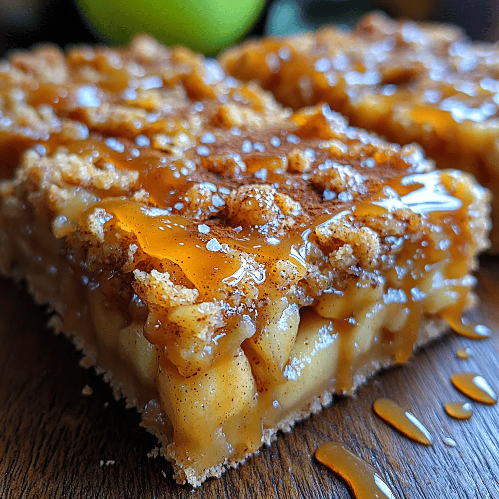 <strong>Introduction</strong>” /></p>
</p>
<h2>Making the Apple Filling</h2>
</p>
<p>To create a delicious apple filling that serves as the heart of your Sweet Caramel Apple Crumble Bars, start by selecting the right type of apples. Varieties such as Granny Smith, Honeycrisp, or Fuji work beautifully due to their balance of sweetness and tartness. Begin by peeling, coring, and slicing about 4 cups of apples into uniform pieces – this ensures even cooking.</p>
</p>
<p>Next, in a large mixing bowl, combine the sliced apples with the juice of one lemon to prevent browning. Add 1/2 cup of granulated sugar, 1 teaspoon of cinnamon, and 1/4 teaspoon of nutmeg for a warm flavor profile. If you desire a slight kick, a pinch of ginger can add a delightful depth. Mix well to coat the apples evenly, allowing them to sit for about 15 to 20 minutes. This resting time helps the apples release their juices, which enhances the overall flavor.</p>
</p>
<p>In a saucepan over medium heat, combine the apple mixture and cook for about 5-7 minutes, stirring occasionally until the apples begin to soften but still retain some crunch. To thicken the filling, sprinkle in 1 tablespoon of cornstarch and stir until fully incorporated. Remove from heat and set aside to cool slightly while you prepare the crumble base.</p>
</p>
<h2>Assembling the Bars</h2>
</p>
<p>With your apple filling ready, it’s time to assemble the bars. Begin by preheating your oven to 350°F (175°C) if you haven’t already. In a lined 9×13-inch baking dish, press half of the crumble mixture firmly into the bottom, creating an even layer. This base layer will hold the filling, so make sure it’s packed snugly.</p>
</p>
<p>Next, evenly distribute the apple filling over the crumble base. Use a spatula to spread the filling out to the edges, ensuring every bite will be filled with that delightful apple mixture. For an added layer of flavor, drizzle a small amount of caramel sauce over the apples, being careful to leave some areas uncovered so the apples can bake properly.</p>
</p>
<p>Finally, crumble the remaining half of the mixture over the apple filling. This layer should be loose enough to allow the apples and caramel to peek through, creating a beautiful contrast when baked. Make sure it’s evenly distributed to ensure uniform cooking.</p>
</p>
<h2>Baking Process</h2>
</p>
<p>Bake the assembled bars in your preheated oven for 35-40 minutes. Keep an eye on the edges, which should start to turn a light golden brown. The center will bubble slightly as the apple filling cooks and the crumble browns. A good indicator that the bars are done is when the top is golden and the filling is visibly bubbling. Be cautious not to overbake, as this can dry out the crumble topping.</p>
</p>
<p>Once baked, remove the bars from the oven and allow them to cool in the pan for about 10-15 minutes before attempting to add the caramel drizzle. This cooling time helps the bars set, making them easier to slice later.</p>
</p>
<h2>Caramel Drizzle</h2>
</p>
<p>Timing your caramel drizzle is essential for a polished presentation. After the bars have cooled slightly, warm your caramel sauce over low heat or in the microwave for a few seconds. This will make it easier to drizzle. Using a spoon or a squeeze bottle, carefully drizzle the caramel over the top of the bars in a zigzag pattern. This not only enhances the visual appeal but also adds an extra layer of sweetness that complements the tart apples beautifully.</p>
</p>
<h2>Cooling and Slicing</h2>
</p>
<p>Allow the bars to cool completely in the pan for about another 30 minutes before slicing. For clean cuts, use a sharp knife and wipe it clean between each slice to prevent the filling from sticking to the blade. This will give you neat, professional-looking bars that are perfect for serving. If you have the patience, chilling the bars in the refrigerator for an hour can help them firm up even more, making slicing easier.</p>
</p>
<h2>Flavor Enhancements and Variations</h2>
</p>
<p>To elevate your Sweet Caramel Apple Crumble Bars, consider incorporating these flavor enhancements:</p>
</p>
<p>– <strong>Nuts:</strong> Adding chopped pecans or walnuts to the crumble mixture introduces a delightful crunch. About 1/2 cup of nuts can be mixed into the crumble for added texture and flavor.</p>
</p>
<p>– <strong>Alternative Fruits:</strong> While apples are the star of this recipe, pears or mixed berries can be fantastic substitutes or additions. Pears bring a softer texture and sweetness, while mixed berries add a burst of tartness.</p>
</p>
<p>– <strong>Spices:</strong> Experimenting with spices can tailor the flavor profile to your preference. Consider adding ground ginger, allspice, or even a hint of cardamom for a unique twist.</p>
</p>
<h2>Serving Suggestions</h2>
</p>
<p>When it comes to serving your Sweet Caramel Apple Crumble Bars, there are plenty of delightful options to enhance the experience:</p>
</p>
<p>– <strong>Ice Cream:</strong> A scoop of vanilla ice cream provides a creamy contrast to the warm bars. The melting ice cream mingles beautifully with the caramel drizzle for a decadent treat.</p>
</p>
<p>– <strong>Whipped Cream:</strong> A dollop of freshly whipped cream can add a light and airy element, balancing the richness of the bars.</p>
</p>
<p>– <strong>Yogurt:</strong> For a healthier option, serve with a dollop of Greek yogurt. The tanginess of the yogurt complements the sweetness of the bars and adds a creamy texture.</p>
</p>
<p>For presentation, consider serving the bars on a rustic wooden board or a decorative platter. Garnish with a sprig of mint or a sprinkle of cinnamon to elevate the visual appeal.</p>
</p>
<h2>Nutritional Information</h2>
</p>
<p>Each Sweet Caramel Apple Crumble Bar packs a delightful punch but also brings some nutritional considerations. On average, a single bar contains approximately:</p>
</p>
<p>– <strong>Calories:</strong> 220-250</p>
<p>– <strong>Total Fat:</strong> 10-12 grams</p>
<p>– <strong>Saturated Fat:</strong> 5 grams</p>
<p>– <strong>Sugars:</strong> 15-20 grams</p>
<p>– <strong>Fiber:</strong> 2-3 grams</p>
</p>
<p>It’s important to enjoy these treats in moderation, especially given their higher sugar and fat content. Consider cutting the bars into smaller portions, which allows you to indulge without overdoing it. Pairing with a side of fruit or a glass of water can also help balance the treat.</p>
</p>
<h2>Conclusion</h2>
</p>
<p>Sweet Caramel Apple Crumble Bars are more than just a dessert; they are a celebration of comfort food that brings warmth and joy to any gathering. The delightful combination of tender apples, rich caramel, and a crunchy topping makes for an irresistible treat that is perfect for sharing with friends and family.</p>
</p>
<p>Baking these bars not only fills your home with the inviting aroma of cinnamon and caramel but also creates a memorable experience that you can share with your loved ones. So grab your apron, gather your ingredients, and enjoy the delightful process of baking these Sweet Caramel Apple Crumble Bars. Whether served warm from the oven or chilled, they are sure to become a cherished favorite in your recipe collection.</p>
</div>