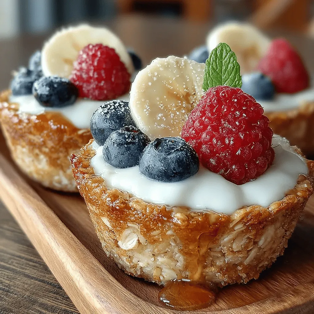 <strong>Exploring the Concept of Baked Oatmeal</strong>” /></p>
</p>
<h2>Variations: Substituting Almond Milk and Sweeteners</h2>
</p>
<p>When it comes to making your Berry Bliss Baked Oatmeal Cups, flexibility is key. If you’re looking to customize the recipe, consider these substitutions that can cater to your dietary preferences or ingredient availability.</p>
</p>
<h3>Almond Milk Alternatives</h3>
</p>
<p>While almond milk is the base for a creamy texture in your oatmeal cups, you may substitute it with other plant-based milks such as oat milk, coconut milk, or soy milk. Each alternative brings its unique flavor and nutritional profile. Oat milk is particularly good for those with nut allergies, while coconut milk adds a rich tropical twist.</p>
</p>
<h3>Sweetener Choices</h3>
</p>
<p>For sweetening your oatmeal cups, feel free to swap out maple syrup with alternatives like agave nectar, honey, or even a sugar substitute like stevia or monk fruit sweetener. Adjust the quantity based on your sweetness preference, keeping in mind that some substitutes are sweeter than others. Always taste your batter before baking to ensure it meets your sweetness expectations.</p>
</p>
<h2>Combining the Mixtures</h2>
</p>
<h3>Tips on How to Avoid Overmixing for Perfect Texture</h3>
</p>
<p>When combining the wet and dry ingredients, it’s essential to mix just enough to incorporate all elements without overmixing. Overmixing can lead to a dense texture rather than the light and fluffy oatmeal cups you desire. Use a spatula to gently fold the ingredients together until you see no dry flour. This should take just a few strokes.</p>
</p>
<h3>Importance of Folding in Berries Gently</h3>
</p>
<p>When it’s time to add your berries, do so with care. Gently folding in the berries helps prevent them from breaking apart and bleeding into the batter, which can alter the color and overall appearance of your oatmeal cups. Aim to distribute the berries evenly throughout the mixture without vigorous stirring.</p>
</p>
<h2>Filling the Muffin Tins</h2>
</p>
<h3>Recommendations for Portion Sizes and Aesthetics</h3>
</p>
<p>For ideal portion sizes, use a standard muffin tin and fill each cup about three-quarters full. This allows the oatmeal cups to rise properly without overflowing. If aesthetics are a priority, you can reserve a few berries to place on top of each cup before baking. This not only enhances visual appeal but also provides a delightful burst of flavor right when you take a bite.</p>
</p>
<h3>Optional Decorative Elements to Enhance Presentation</h3>
</p>
<p>To elevate the presentation of your baked oatmeal cups, consider sprinkling some chopped nuts or seeds on top before baking. A light dusting of cinnamon or a drizzle of honey post-baking can also add a gourmet touch. These small additions can transform a simple breakfast into a delightful treat.</p>
</p>
<h2>Baking to Perfection</h2>
</p>
<h3>Ideal Baking Times and Temperatures</h3>
</p>
<p>Preheat your oven to 350°F (175°C) and bake your oatmeal cups for about 25 to 30 minutes. The aroma wafting through your kitchen will be irresistible, but be patient!</p>
</p>
<h3>Signs That Indicate the Oatmeal Cups Are Done</h3>
</p>
<p>To check if your oatmeal cups are done, insert a toothpick into the center of one cup. If it comes out clean or with a few moist crumbs clinging to it, they’re ready. The edges should be lightly golden, and the tops should no longer appear wet or jiggly.</p>
</p>
<h2>Cooling and Serving Your Baked Oatmeal Cups</h2>
</p>
<h3>Importance of Cooling Before Serving</h3>
</p>
<p>Once your oatmeal cups are baked to perfection, allow them to cool in the muffin tin for about 5-10 minutes. This cooling period helps them set properly and makes them easier to remove without breaking apart. After they have cooled slightly, you can transfer them to a wire rack to cool completely if desired.</p>
</p>
<h3>Serving Suggestions and Optional Toppings</h3>
</p>
<p>These oatmeal cups are delicious on their own, but you can elevate their flavor by serving them with various toppings. Drizzle with a bit of almond butter or peanut butter for added richness, or a dollop of Greek yogurt for creaminess. Fresh fruit can also enhance their freshness—think banana slices, a sprinkle of chia seeds, or even a touch of coconut yogurt for a tropical twist.</p>
</p>
<h2>Creative Variations on Berry Bliss Baked Oatmeal Cups</h2>
</p>
<h3>Exploring Flavor Combinations</h3>
</p>
<p>One of the best parts about baking is experimenting with flavors. Here are some ideas to personalize your Berry Bliss Baked Oatmeal Cups.</p>
</p>
<h4>Seasonal Fruit Variations</h4>
</p>
<p>Adapt your oatmeal cups to the seasons by using a variety of fruits. In spring, try strawberries and rhubarb. In summer, peaches and blueberries can provide a juicy sweetness. Fall might call for apples and cranberries, while winter can be a great time for dried fruits like figs or apricots.</p>
</p>
<h4>Nut and Seed Additions for Extra Crunch</h4>
</p>
<p>For those who enjoy a bit of crunch, consider adding chopped nuts or seeds. Walnuts, pecans, or sunflower seeds not only provide texture but also boost the nutritional profile of your cups. Just be mindful of any allergies when serving.</p>
</p>
<h4>Flavor Infusions: Coconut, Chocolate Chips, or Spices</h4>
</p>
<p>Why not add a twist with coconut flakes, mini chocolate chips, or a dash of spices like nutmeg and ginger? Coconut adds a tropical flavor, while chocolate chips can satisfy your sweet tooth. Spices can enhance the overall warmth and depth of flavor, making these oatmeal cups even more comforting.</p>
</p>
<h2>Storing and Reheating Tips</h2>
</p>
<h3>Maximizing Freshness</h3>
</p>
<p>To keep your Berry Bliss Baked Oatmeal Cups fresh, store them in an airtight container at room temperature for up to three days. If you plan to keep them longer, consider refrigerating them for up to a week or freezing them for up to three months. When freezing, wrap each cup individually in plastic wrap and place them in a freezer-safe bag.</p>
</p>
<h3>How to Reheat for Optimal Taste</h3>
</p>
<p>When you’re ready to enjoy your oatmeal cups, simply reheat them in the microwave for about 30-60 seconds until warmed through. If they are frozen, allow them to thaw in the refrigerator overnight before reheating. You can also pop them in a toaster oven for a few minutes if you prefer a slightly crispy exterior.</p>
</p>
<h2>Conclusion</h2>
</p>
<p>Berry Bliss Baked Oatmeal Cups are more than just a convenient breakfast option; they’re a versatile, nutritious, and delicious addition to your meal prep routine. With their array of flavors and health benefits, these oatmeal cups can cater to different dietary preferences while still satisfying your taste buds. Whether enjoyed fresh out of the oven or taken on the go, they are sure to become a beloved staple in your household. Embrace the joy of healthy eating with this delightful recipe that brings together simplicity and flavor in every bite. You’ll find that these oatmeal cups not only meet your breakfast needs but can also serve as a satisfying snack throughout the day. So gather your ingredients and start baking your way to a healthier, happier you!</p>
</div>
